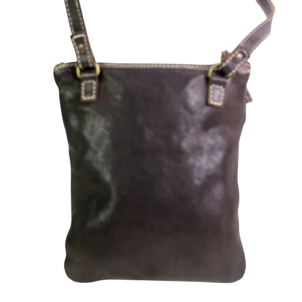 Marco Buggiani BROWN GENUINE LEATHER X-BODY ZIP TOP PURSE SHOULDER BAG HANDBAG